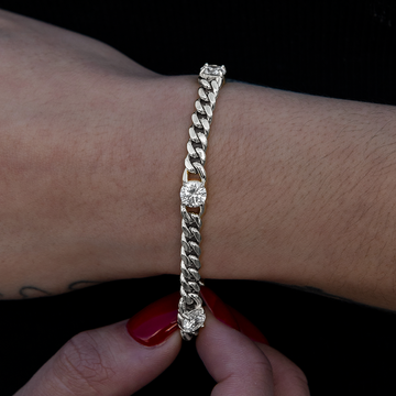 Round Stone Station Cuban Bracelet in White Gold