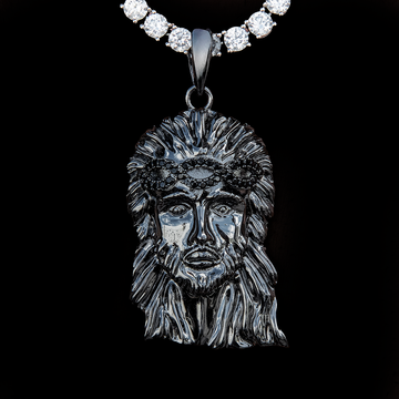 Gran Colgante de Retrato de Jesús con Corona de Diamantes en Rodio Negro