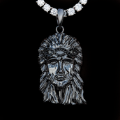 Large Diamond Crown Portrait of Jesus Pendant in Black Rhodium