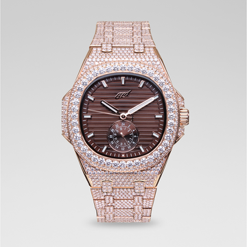 Reloj de 39MM Visionary con caja completamente cubierta de hielo y esfera chocolate - Oro rosa