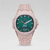 Reloj de 39MM Visionary con caja completamente cubierta de circonitas y esfera verde - Oro rosa