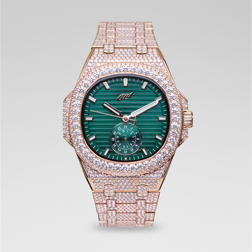 Reloj de 39MM Visionary con Caja Totalmente Iced y Esfera Verde - Oro Rosa