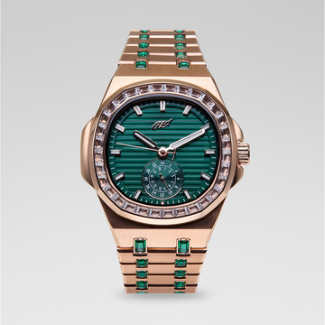 Reloj de 39 mm con banda de acero y piedra esmeralda helada Visionary - Oro Rosa