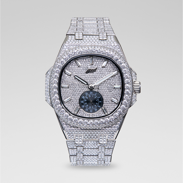 39MM Visionary Moissanite Fully Iced Case & Steel Band Watch - White Gold