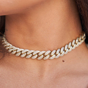 Gargantilla eslabón cubano de diamante en oro amarillo - 12mm