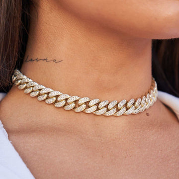 Gargantilla eslabón cubano de diamante en oro amarillo - 12mm