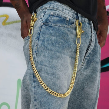 12MM Miami Cuban w/ 65MM Carabiner Pant Chain in Yellow Gold
