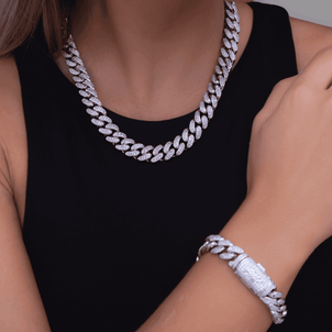 Paquete de collar y pulsera de eslabones cubanos de diamantes en oro blanco - 12 mm