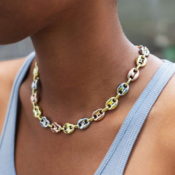 Collar de cadena marinera hueca en oro amarillo, rosa y blanco - 12 mm