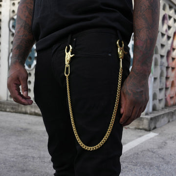 12MM Miami Cuban w/ 65MM Carabiner Pant Chain in Yellow Gold