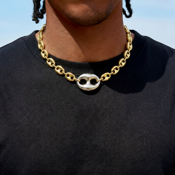 Two Tone Large Link Puffed Mariner Chain in Yellow & White Gold - 15mm