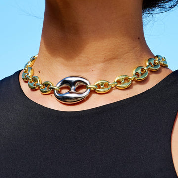Two Tone Large Link Puffed Mariner Necklace in Yellow & White Gold - 15mm