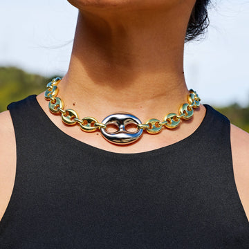 Two Tone Large Link Puffed Mariner Necklace in Yellow & White Gold - 15mm