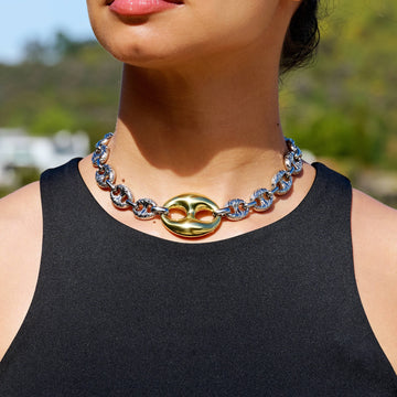 Collar de cadena marinera grande eslabones abombados en oro blanco y amarillo de dos tonos - 15 mm