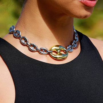 Collar de cadena marinera grande eslabones abombados en oro blanco y amarillo de dos tonos - 15 mm