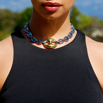Collar de cadena marinera grande eslabones abombados en oro blanco y amarillo de dos tonos - 15 mm