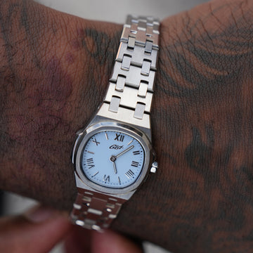 25MM Mini Visionary Stainless Steel Band Watch - White Gold - Pantone Blue Dial