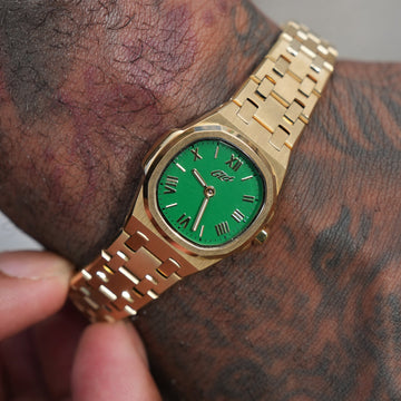 Reloj Mini Visionary de acero inoxidable de 25 mm con correa - Dorado - Esfera verde esmeralda