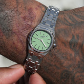 Reloj Mini Visionary de 25 mm con correa de acero inoxidable - Oro blanco - Esfera verde menta