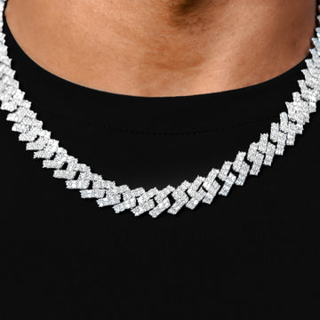 Cadena Cubana con Engaste de Baguettes en Oro Blanco - 12mm
