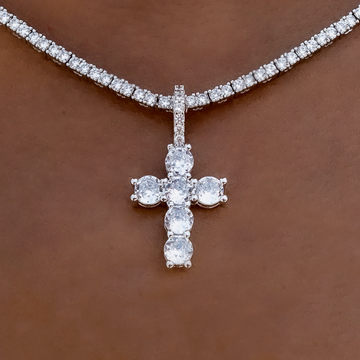 Iced Micro Round Cross Pendant in White Gold