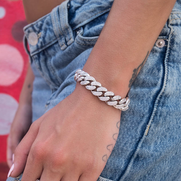 Pulsera Cubana de Oro Blanco con Diamantes - 12mm