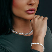 Collar de tenis con piedras redondas y estrellas + Pulsera a juego de oro blanco