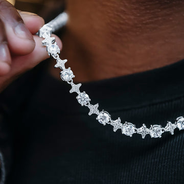 Round Stone Star Tennis Chain + Bracelet Bundle in White Gold