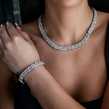 Collar + Pulsera de Eslabones Baguette en Oro Blanco - 8 mm