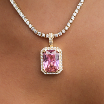 Iced Pave Pink Pendant - Yellow Gold