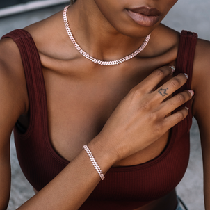 Collar y Pulsera Cubanos de Microdiamantes con Engaste de Garras en Oro Rosa - 6mm
