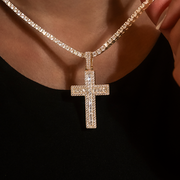 Diamond Baguette Cross Pendant in Yellow Gold