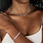 Figaro Chain Necklace + Bracelet Bundle in White Gold - 4mm