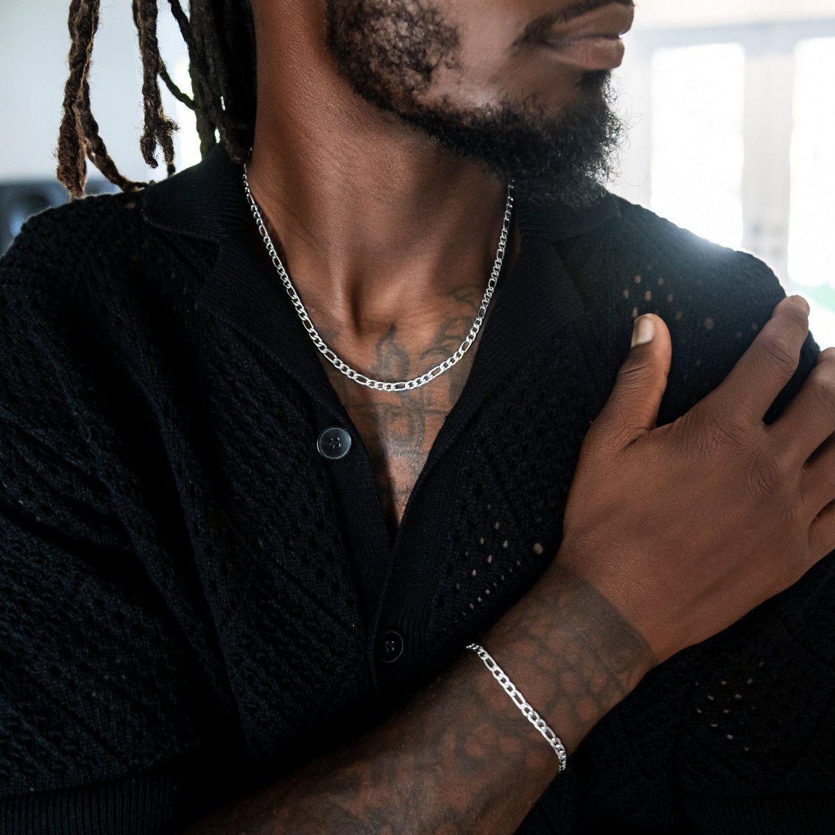 Figaro Link Chain + Bracelet Bundle in White Gold 4mm The GLD Shop