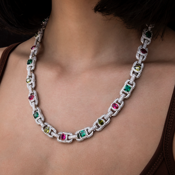 Diamond Multicolor Cluster Mariner Necklace in White Gold