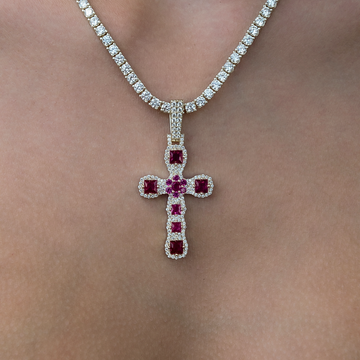 Ruby Stone Rounded Cross Pendant in Yellow Gold