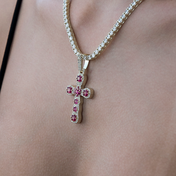 Ruby Stone Rounded Cross Pendant in Yellow Gold