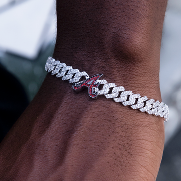 Pulsera cubana oficial de los Atlanta Braves de la MLB con engaste de diamantes en oro blanco - 8.5 mm
