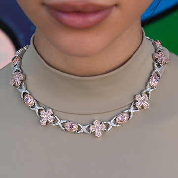 Collar de baguette con cruz y ojo turco en oro rosa - 16mm