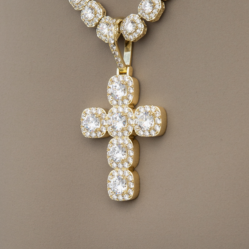 Colgante de oro amarillo con cruz y piedra talla cojín