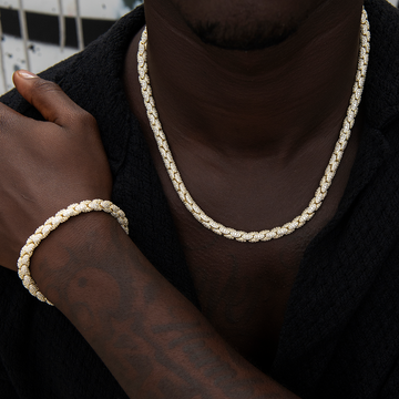 Conjunto de Cadena Eslabones Serpiente Pavé de Diamantes + Pulsera en Oro Amarillo - 6mm