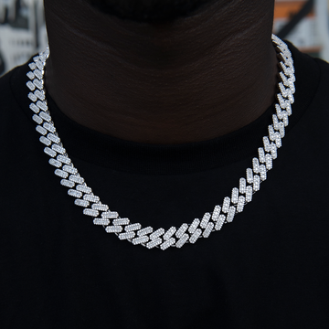 Cadena Cubana Baguette de Diamantes en Oro Blanco- 12mm