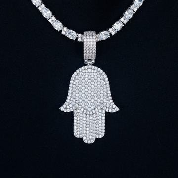 Large Iced Baguette Hamsa Pendant in White Gold