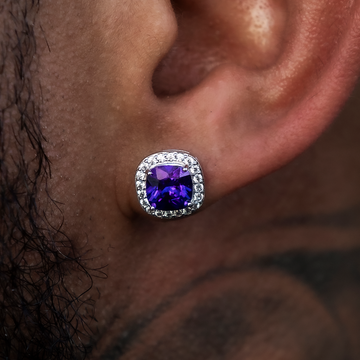 Pendientes de corte cojín morado en oro blanco