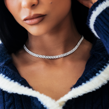 Micro Diamond Prong Cuban Necklace in White Gold - 6mm