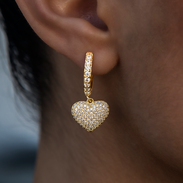 Pave Heart Hoop Earrings in Yellow Gold