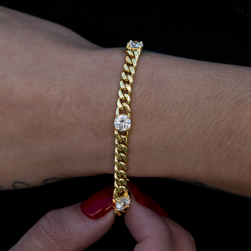 Pulsera cubana Round Stone Station en oro amarillo