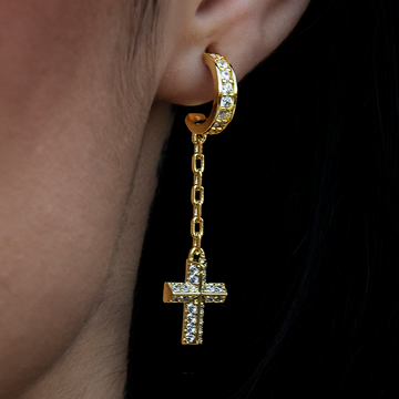 Pendientes de aro con cruz y brillantes - Dorado