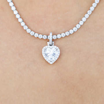Women's Moissanite Micro Iced Heart Pendant in White Gold Vermeil