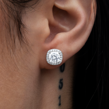 Cushion Cut Moissanite Earrings in White Gold Vermeil
